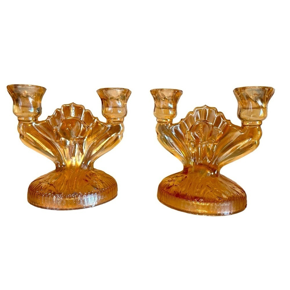 Jeannette Peach Carnival Glass Iris and Herringbone Double Candlestick Holders 2